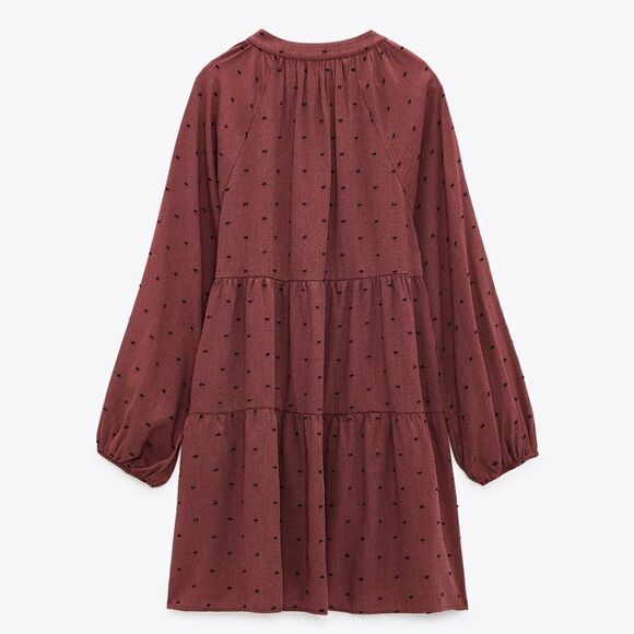 Zara Dotted Mesh Mini Dress Marsala New - Picture 3 of 6